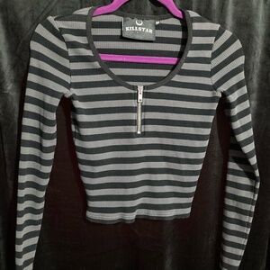 Killstar L/S Black & Grey Striped Zipper Top